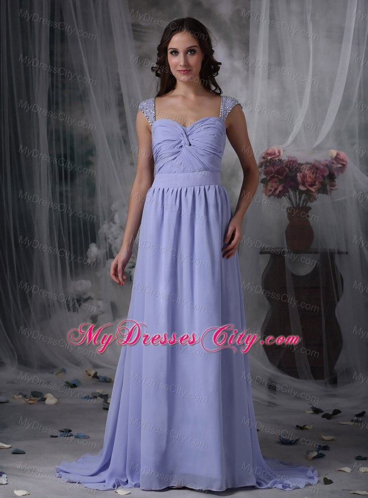 Lilac Straps Square Chiffon Beads Ruched Brush Prom Dress