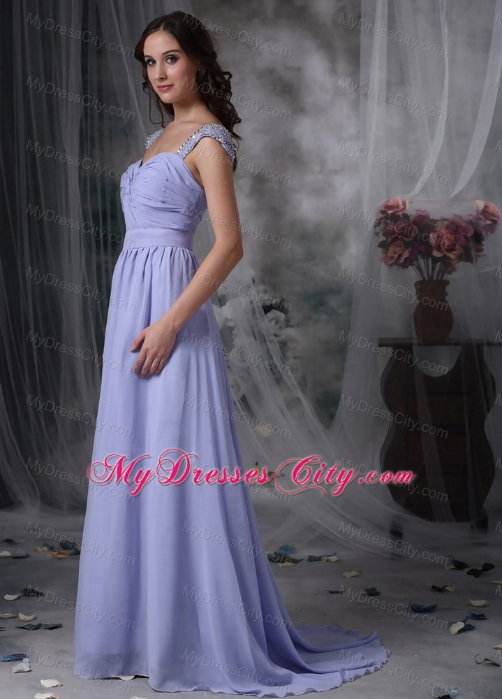 Lilac Straps Square Chiffon Beads Ruched Brush Prom Dress