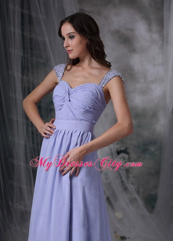 Lilac Straps Square Chiffon Beads Ruched Brush Prom Dress