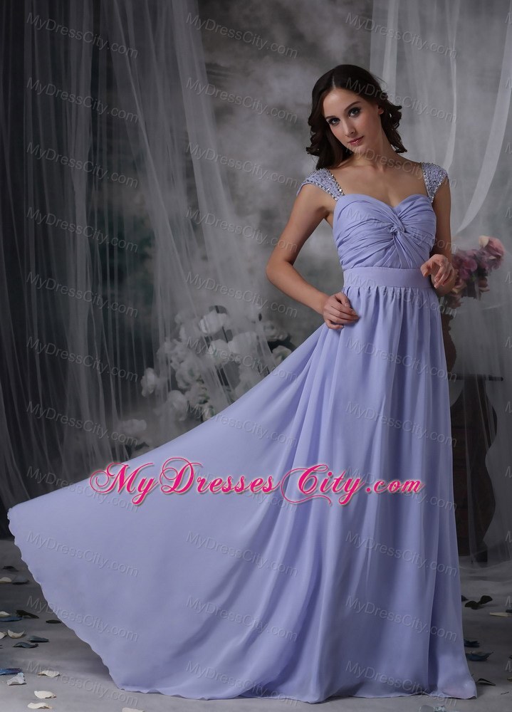 Lilac Straps Square Chiffon Beads Ruched Brush Prom Dress