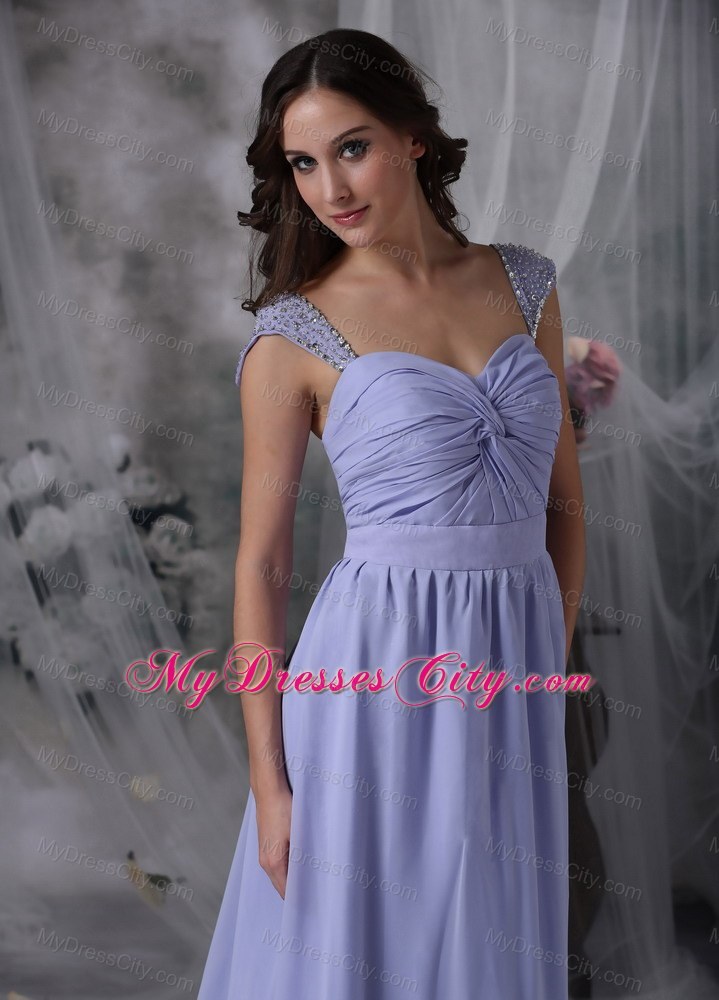 Lilac Straps Square Chiffon Beads Ruched Brush Prom Dress