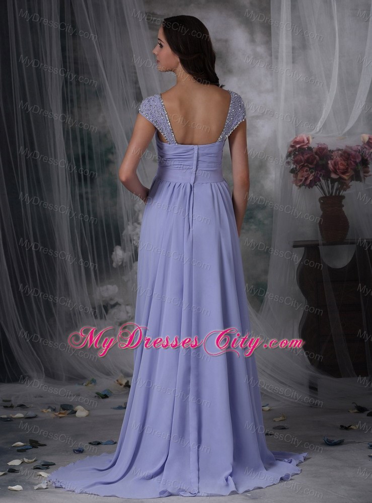 Lilac Straps Square Chiffon Beads Ruched Brush Prom Dress