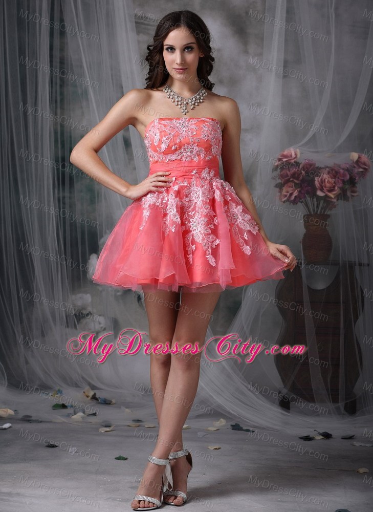 Mini-length Watermelon A-line Prom Dress with Appliques