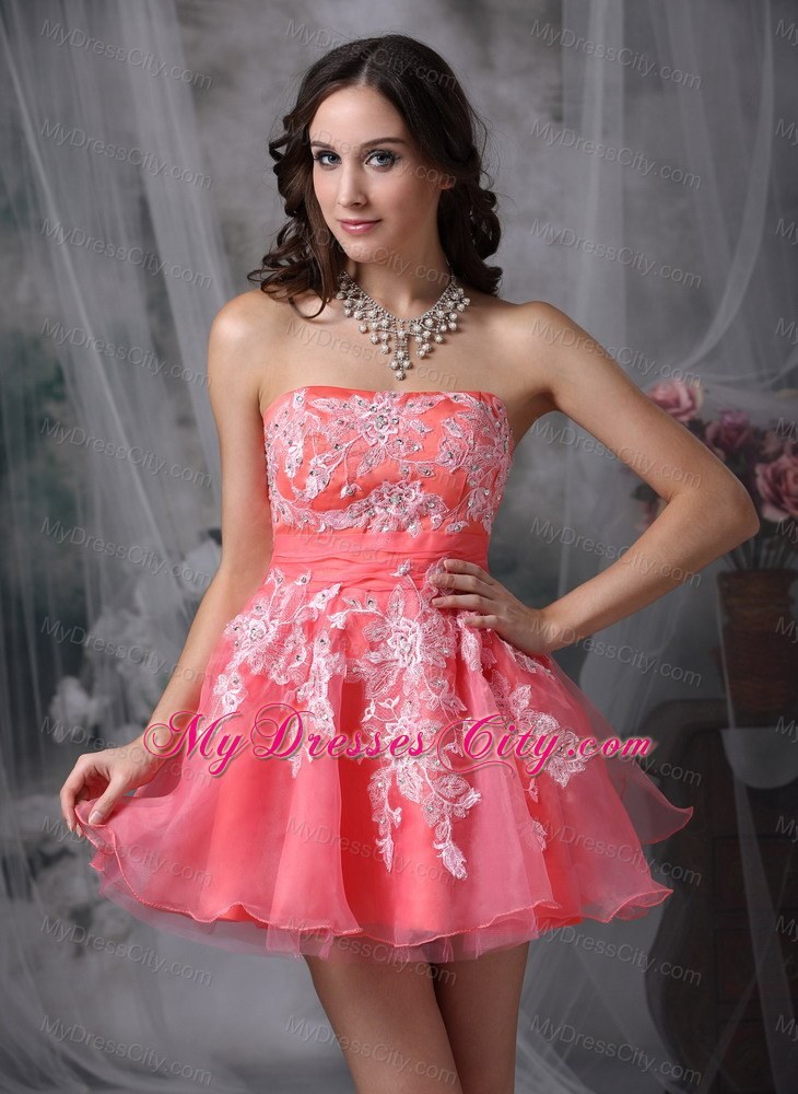 Mini-length Watermelon A-line Prom Dress with Appliques