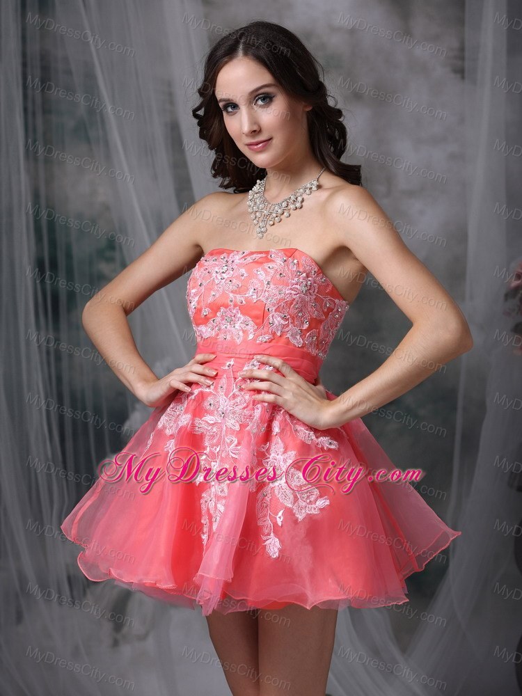 Mini-length Watermelon A-line Prom Dress with Appliques