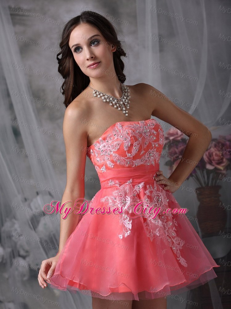 Mini-length Watermelon A-line Prom Dress with Appliques