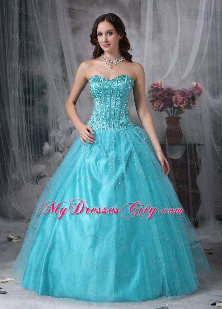 A-line Sweetheart Aque Blue prom Dress with Tulle Beading