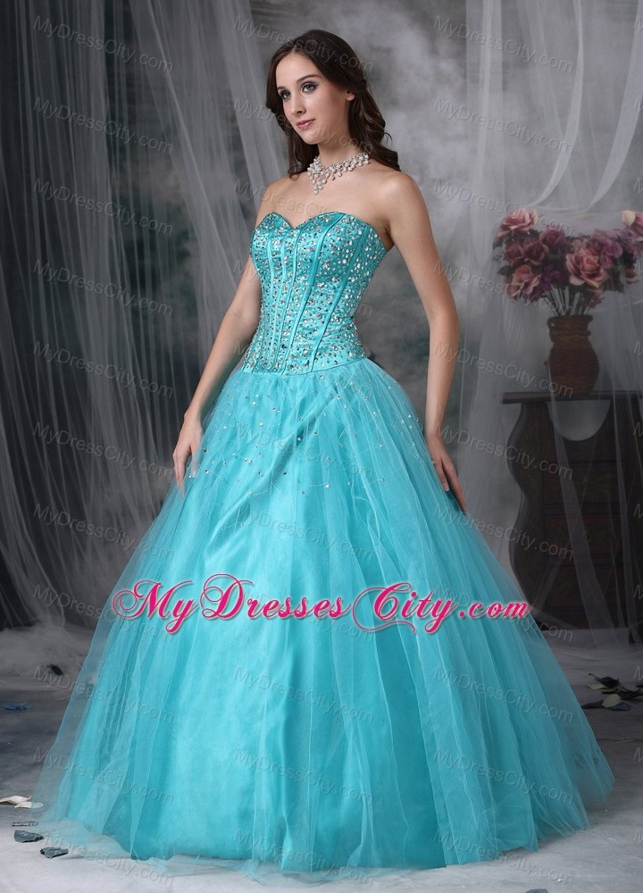 A-line Sweetheart Aque Blue prom Dress with Tulle Beading