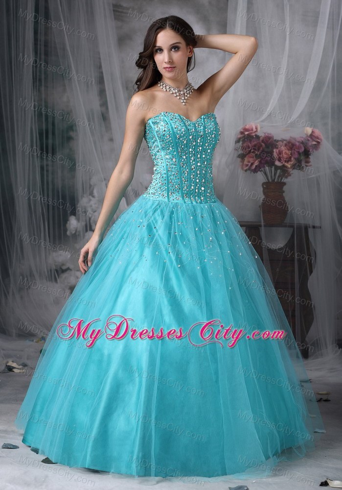 A-line Sweetheart Aque Blue prom Dress with Tulle Beading