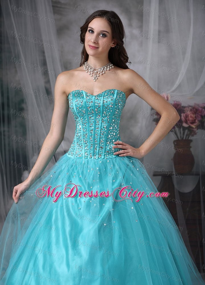 A-line Sweetheart Aque Blue prom Dress with Tulle Beading