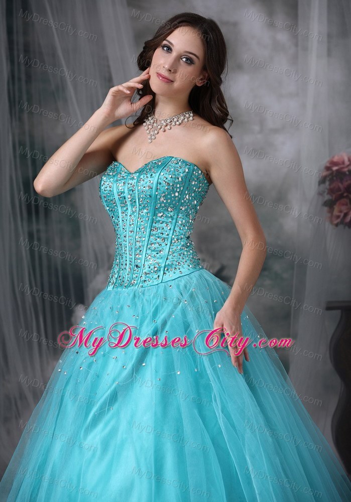 A-line Sweetheart Aque Blue prom Dress with Tulle Beading