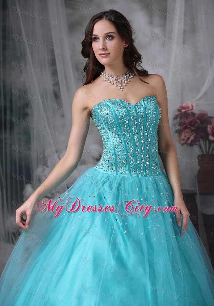 A-line Sweetheart Aque Blue prom Dress with Tulle Beading