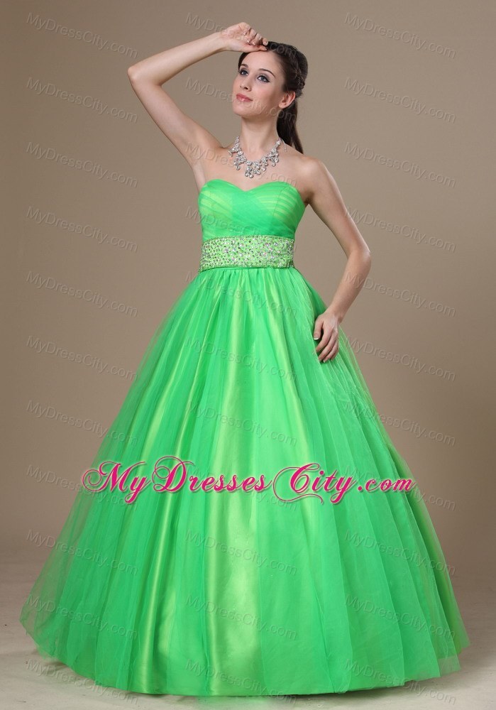 Beaded Sash A-line Spring Green Sweetheart Prom Gown Dress