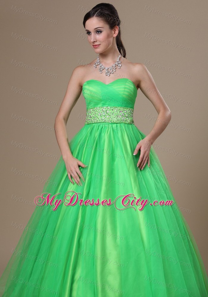 Beaded Sash A-line Spring Green Sweetheart Prom Gown Dress