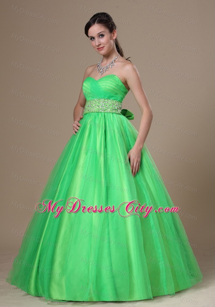 Beaded Sash A-line Spring Green Sweetheart Prom Gown Dress