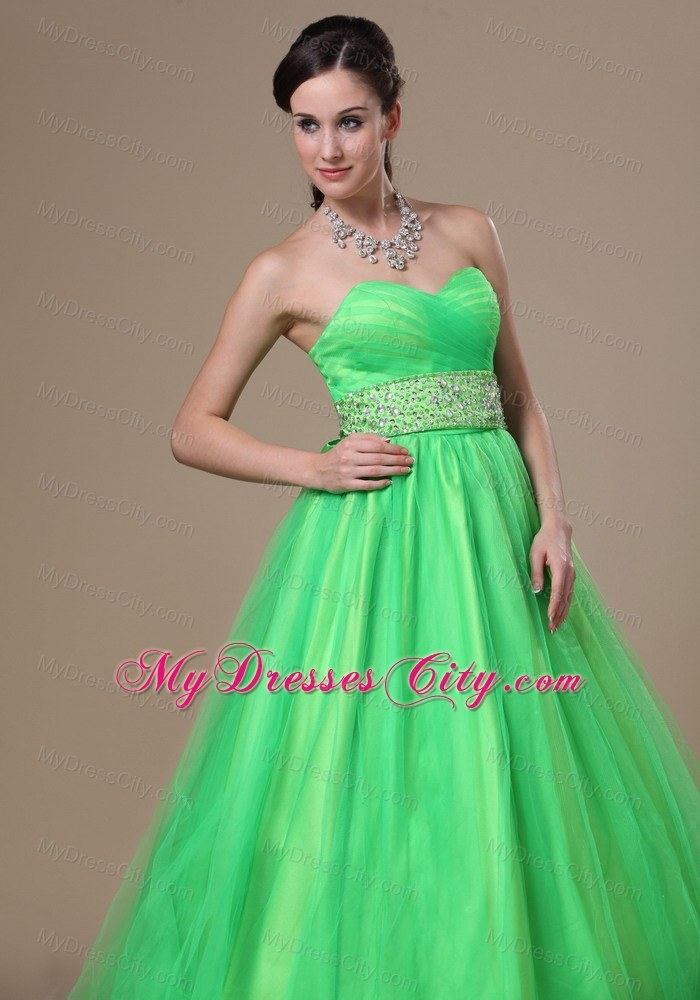 Beaded Sash A-line Spring Green Sweetheart Prom Gown Dress