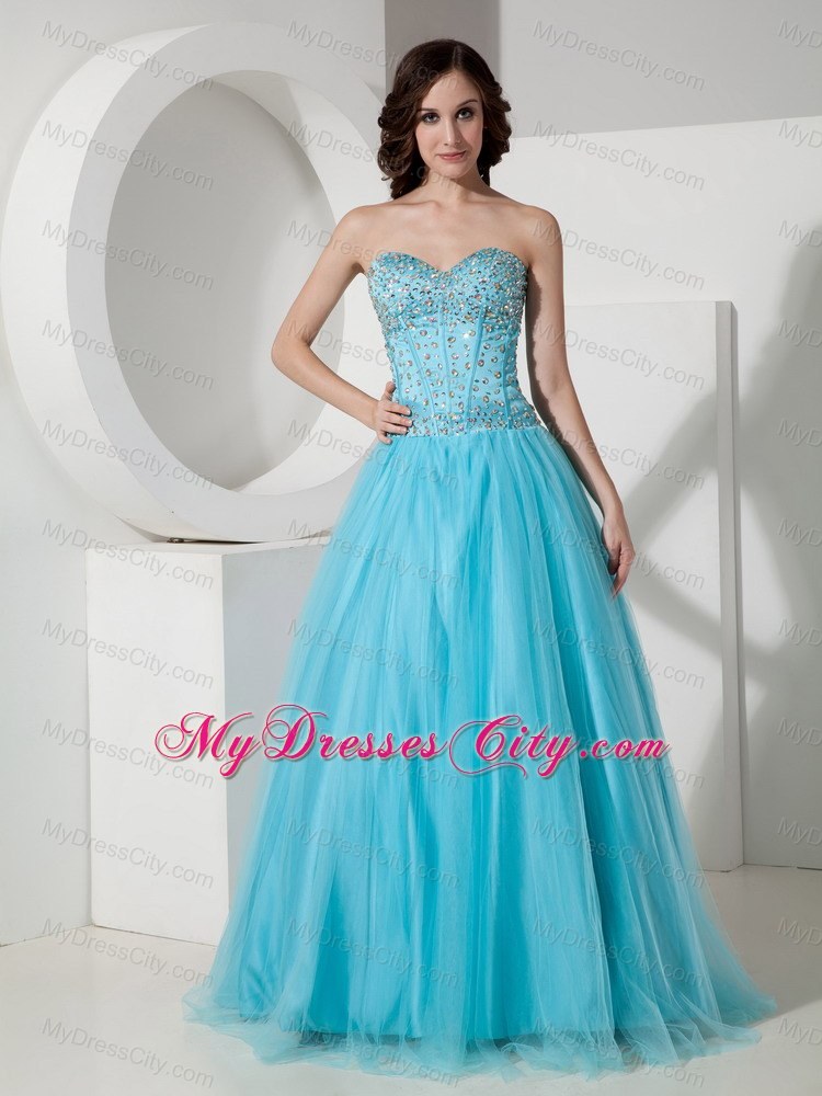 Light Blue Tulle A-Line Sweetheart Beaded Dress for Prom