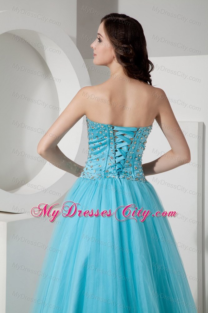 Light Blue Tulle A-Line Sweetheart Beaded Dress for Prom