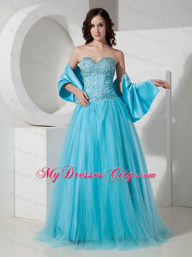 Light Blue Tulle A-Line Sweetheart Beaded Dress for Prom