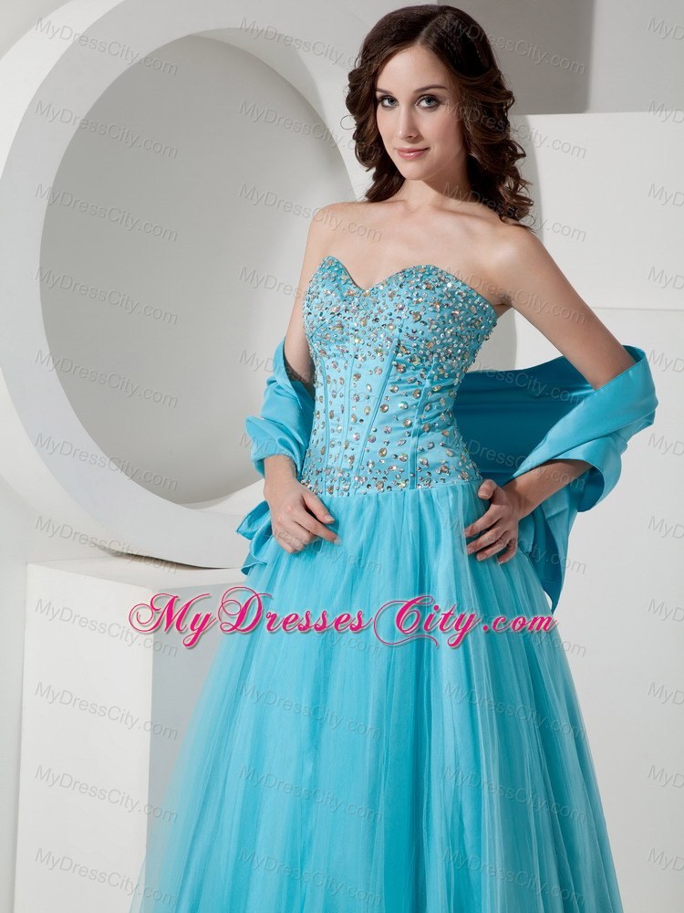 Light Blue Tulle A-Line Sweetheart Beaded Dress for Prom