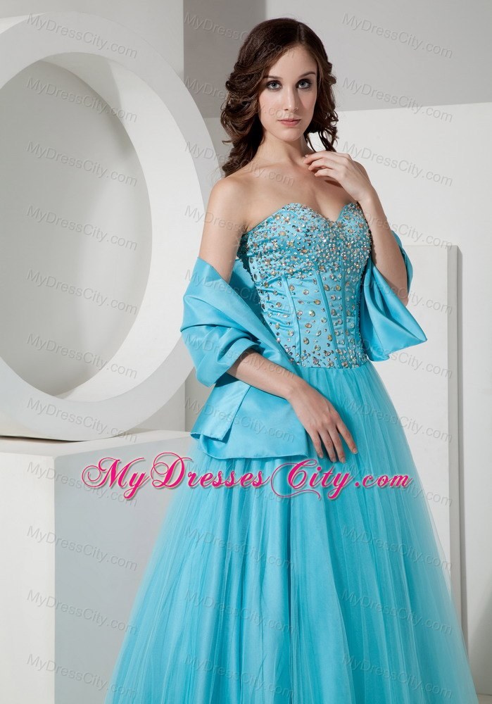 Light Blue Tulle A-Line Sweetheart Beaded Dress for Prom