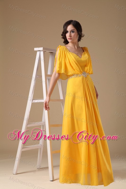 V-neck Yellow Empire Chiffon Beads Prom Dress with Sleeves