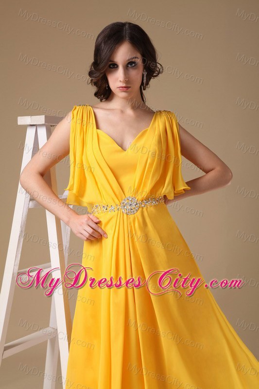 V-neck Yellow Empire Chiffon Beads Prom Dress with Sleeves