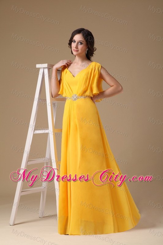 V-neck Yellow Empire Chiffon Beads Prom Dress with Sleeves