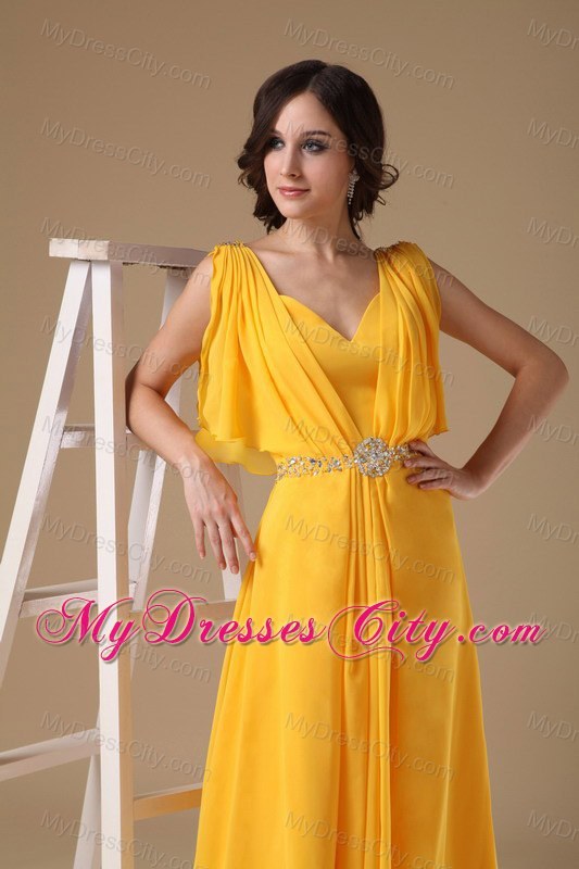 V-neck Yellow Empire Chiffon Beads Prom Dress with Sleeves