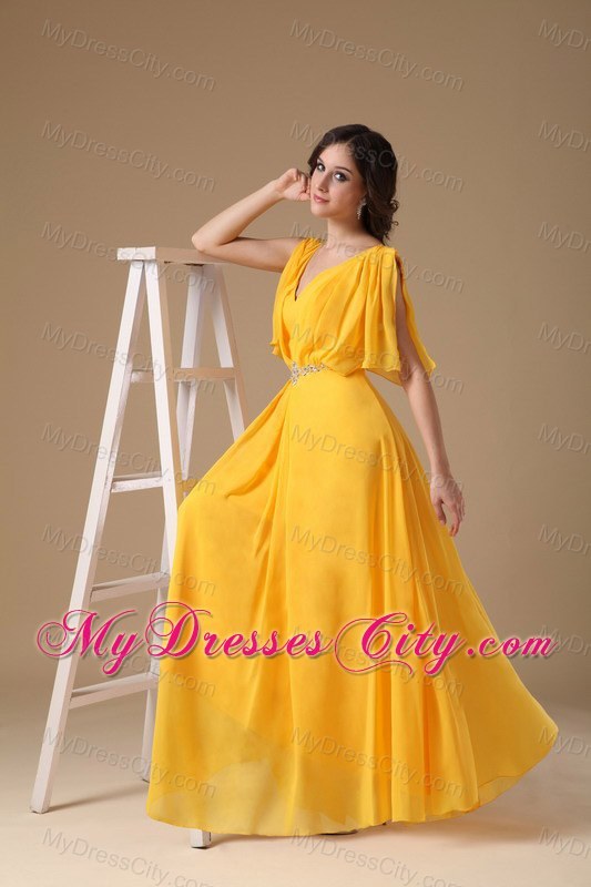 V-neck Yellow Empire Chiffon Beads Prom Dress with Sleeves