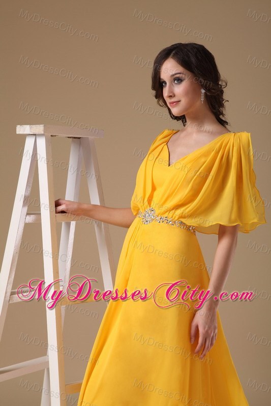 V-neck Yellow Empire Chiffon Beads Prom Dress with Sleeves