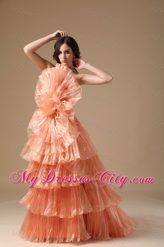 Multi-tiered Strapless Orange Red Organza Brush Prom Dress