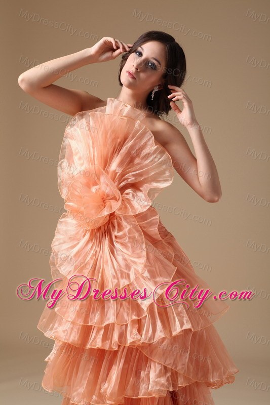 Multi-tiered Strapless Orange Red Organza Brush Prom Dress