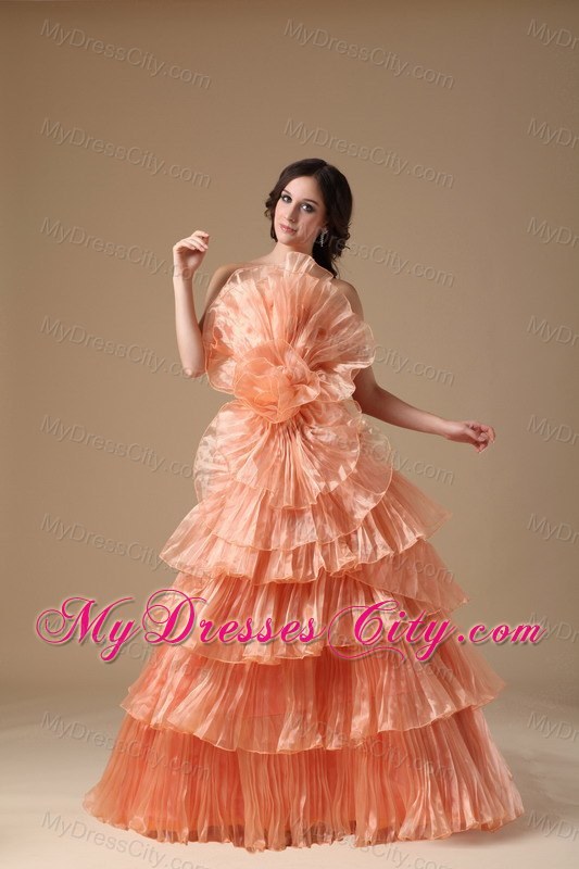 Multi-tiered Strapless Orange Red Organza Brush Prom Dress