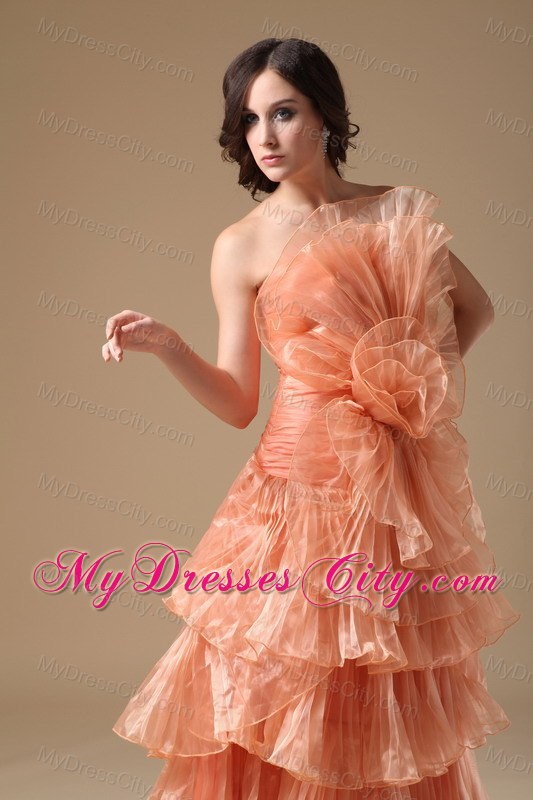 Multi-tiered Strapless Orange Red Organza Brush Prom Dress