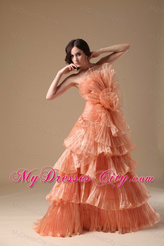 Multi-tiered Strapless Orange Red Organza Brush Prom Dress