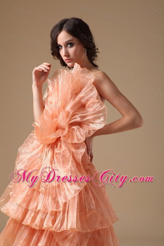 Multi-tiered Strapless Orange Red Organza Brush Prom Dress