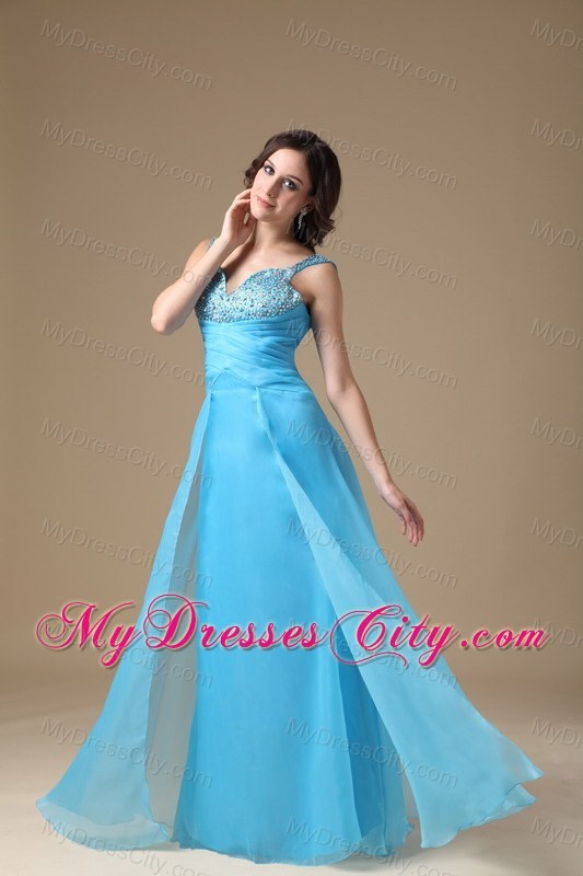 Aqua Blue Column Straps Organza Beading Prom Dress Ruched