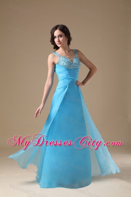 Aqua Blue Column Straps Organza Beading Prom Dress Ruched