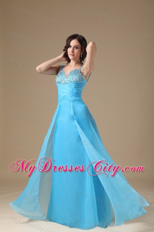 Aqua Blue Column Straps Organza Beading Prom Dress Ruched