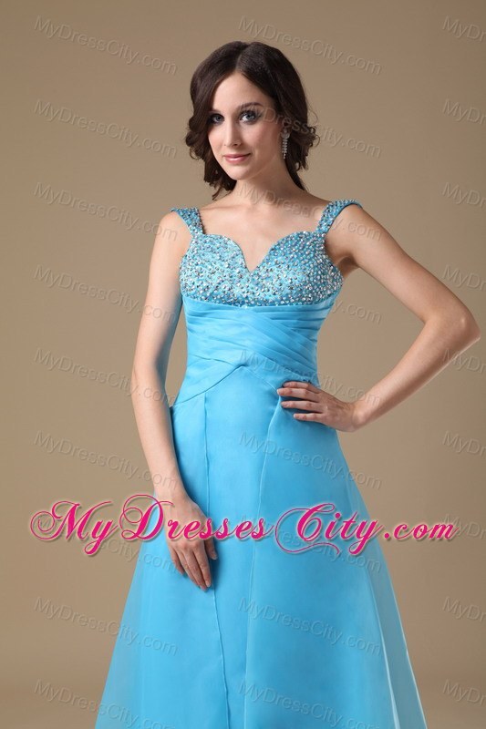 Aqua Blue Column Straps Organza Beading Prom Dress Ruched