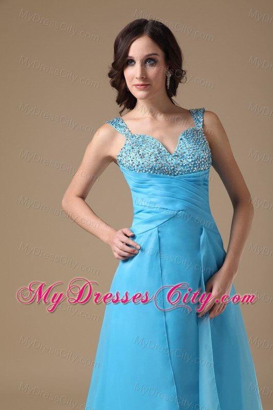 Aqua Blue Column Straps Organza Beading Prom Dress Ruched