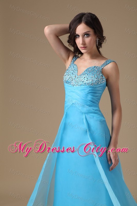 Aqua Blue Column Straps Organza Beading Prom Dress Ruched