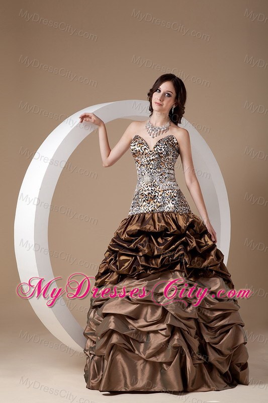 Brown Taffeta Leopard Ball Gown Prom Dress with Pick-ups