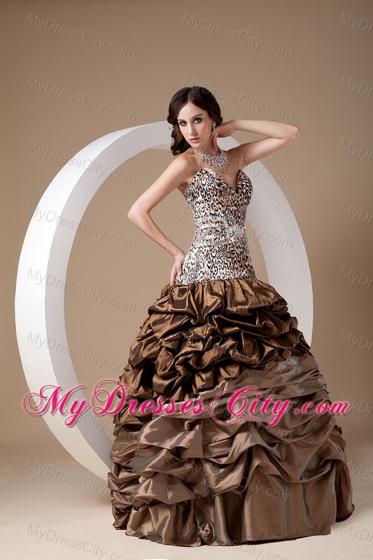 Brown Taffeta Leopard Ball Gown Prom Dress with Pick-ups