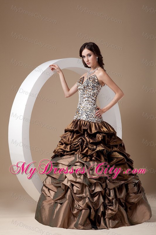 Brown Taffeta Leopard Ball Gown Prom Dress with Pick-ups