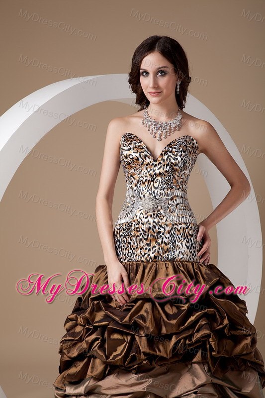 Brown Taffeta Leopard Ball Gown Prom Dress with Pick-ups