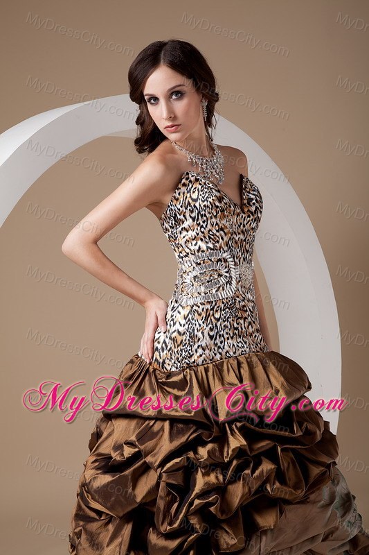 Brown Taffeta Leopard Ball Gown Prom Dress with Pick-ups