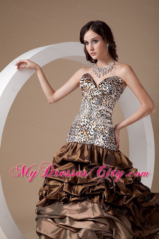 Brown Taffeta Leopard Ball Gown Prom Dress with Pick-ups