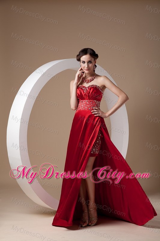 Wine Red Sweetheart Beads Brush Prom Gown with High Slit